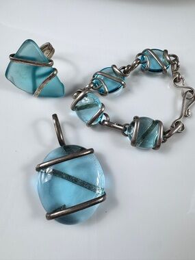 Blue Sea Glass Wrapped Bracelet, Pendant & Ring Set